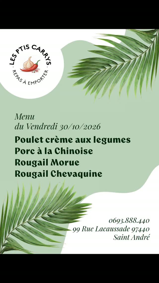 Menu du vendredi 30 octobre - Les Ptis Carrys